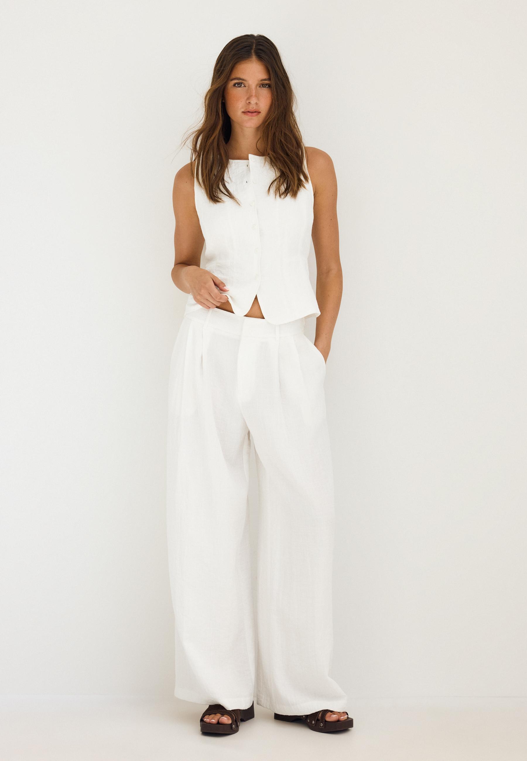 Adjustable rustic wide-leg trousers — Ecru