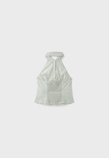 Check print halter top — Khaki 8