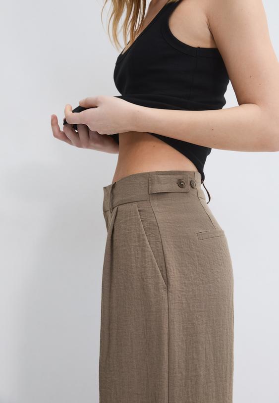 Stradivarius Pantalon Large Ajustable Effet Lin Marron 38