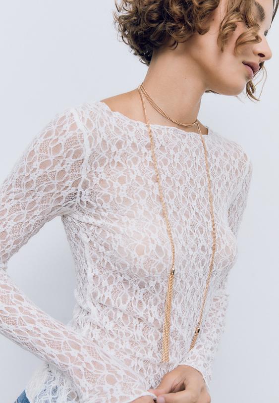 Stradivarius T-Shirt Manches Longues Dentelle Écru M