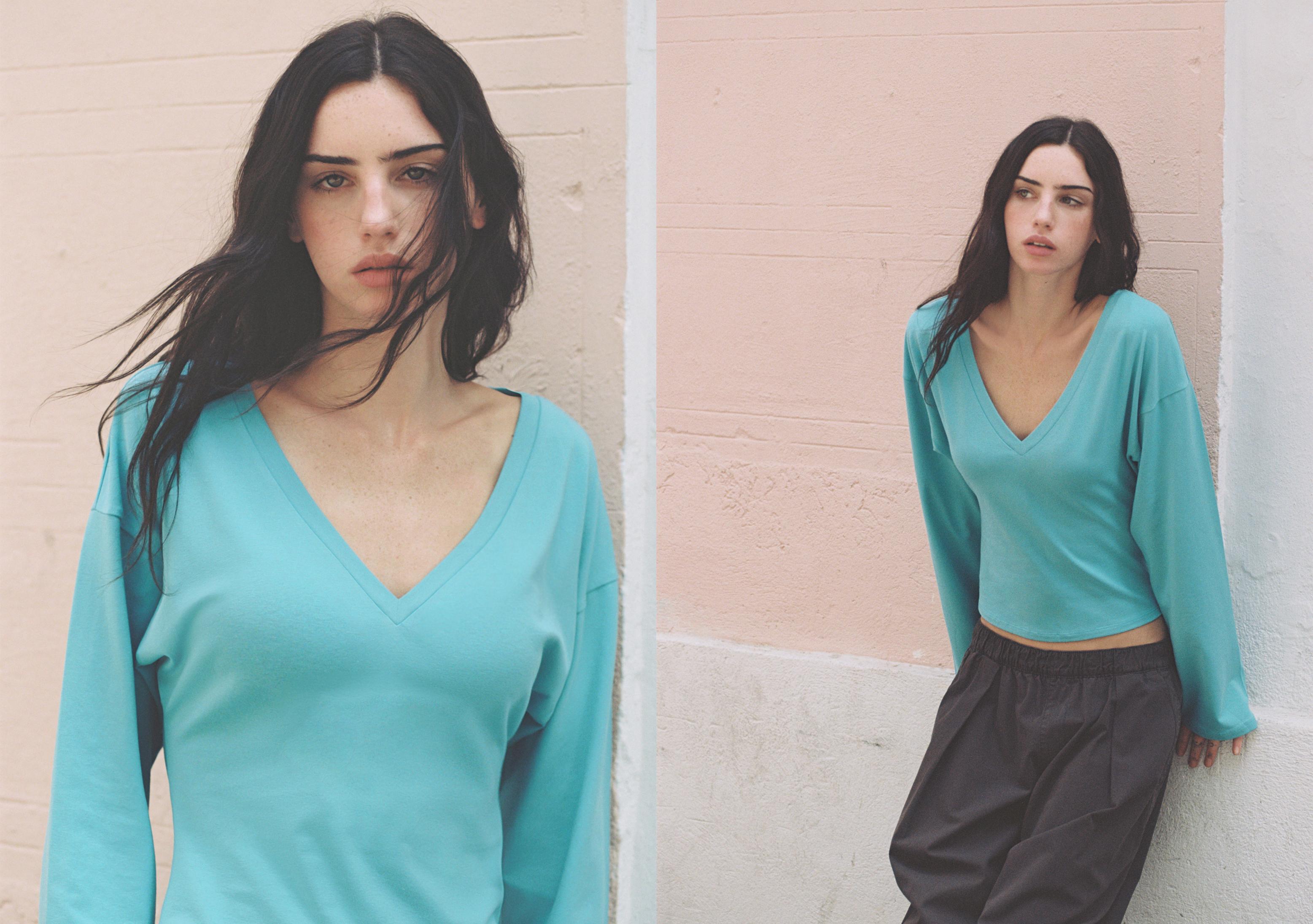 V-neck long Japanese sleeve T-shirt — Turquoise