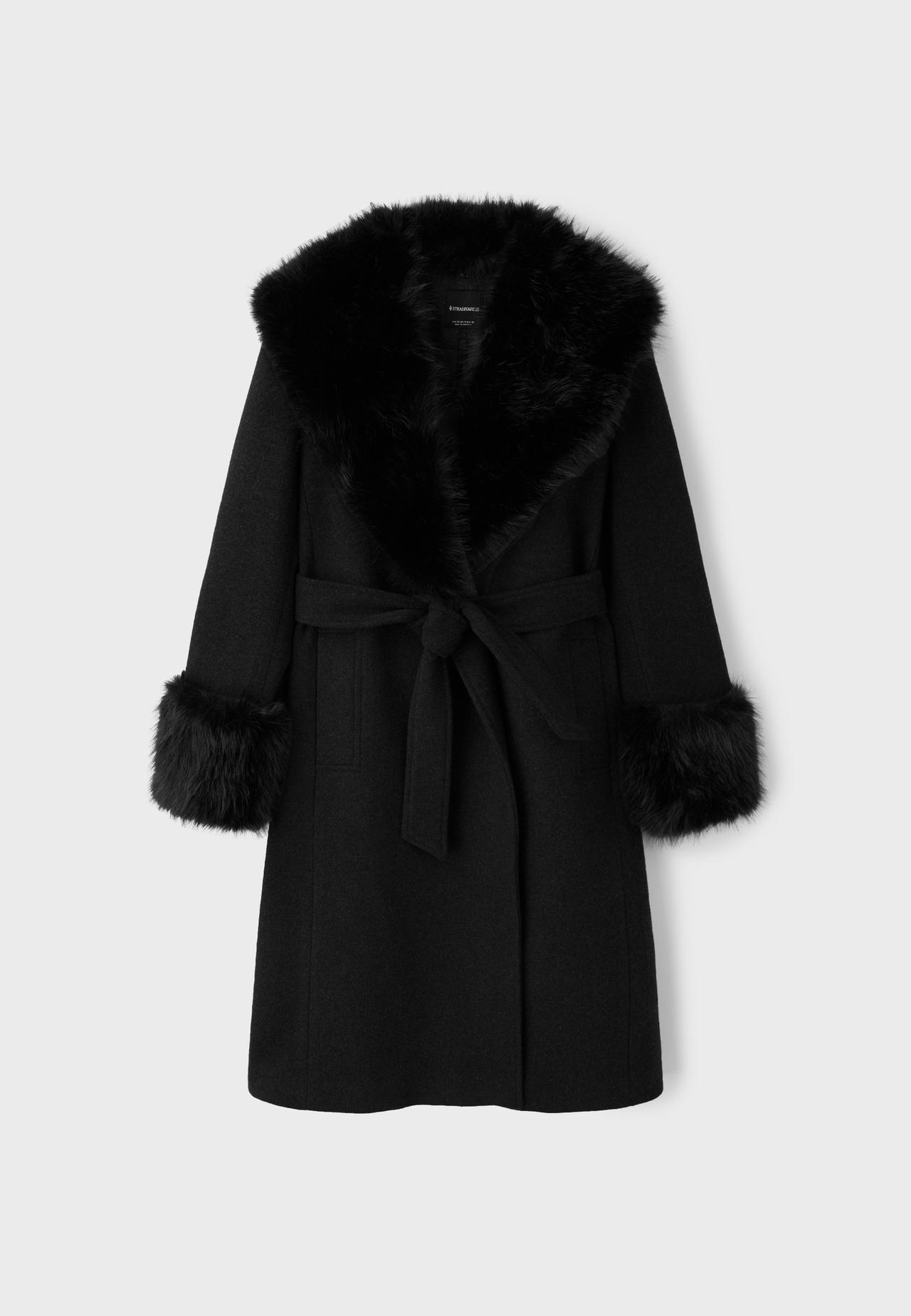 Wool-blend faux fur collar coat — Black