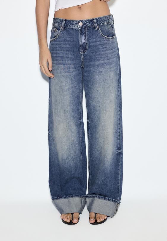 Stradivarius D91 Jean Low Wide Leg Denim Bleu Moyen Délavé 32
