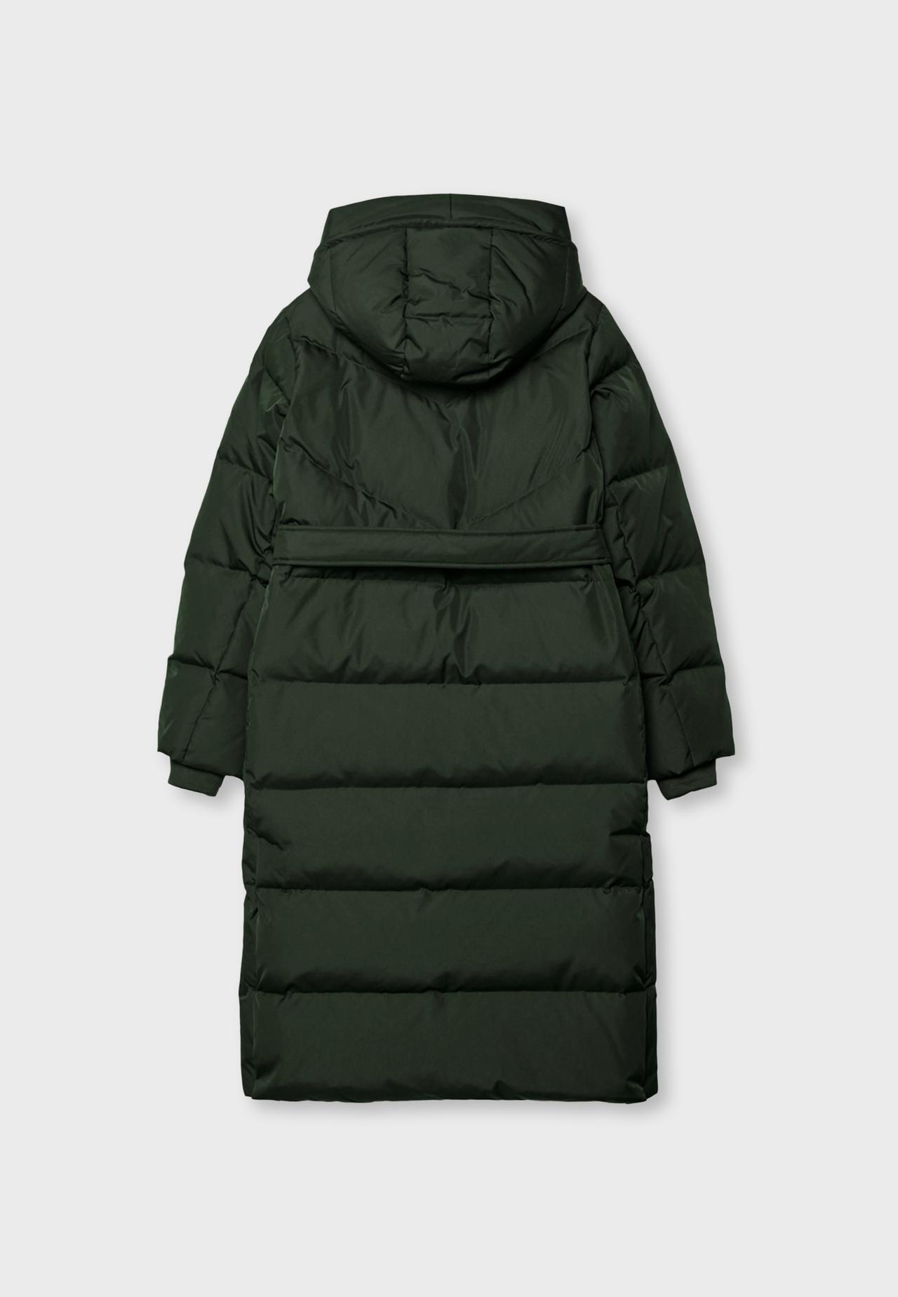 Long belted quilted puffer coat — Khaki