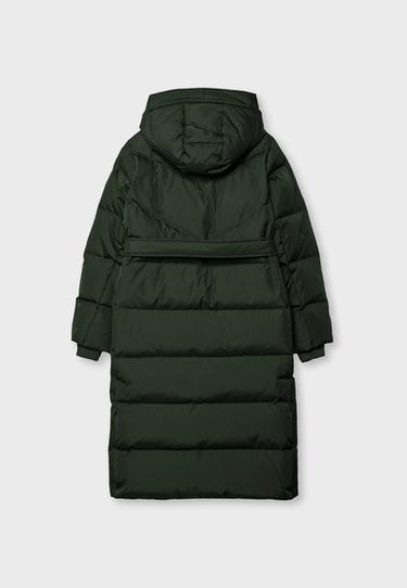 Long belted quilted puffer coat — Khaki 9