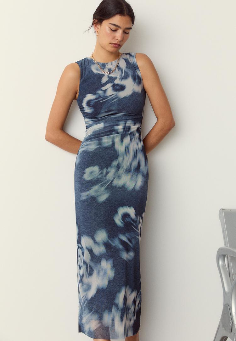 vestido midi estampado tul