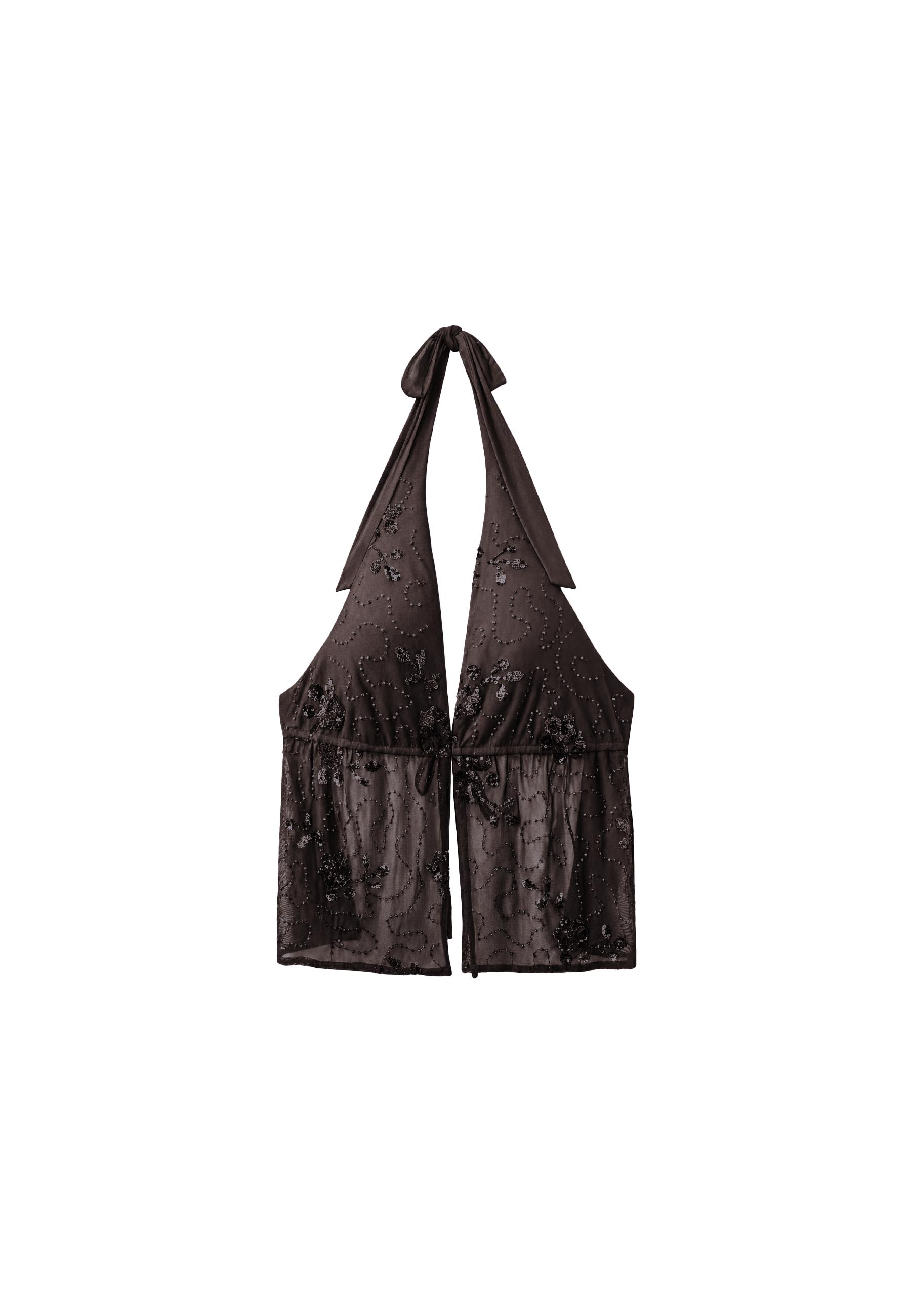Embroidered halter top with rhinestones — Brown