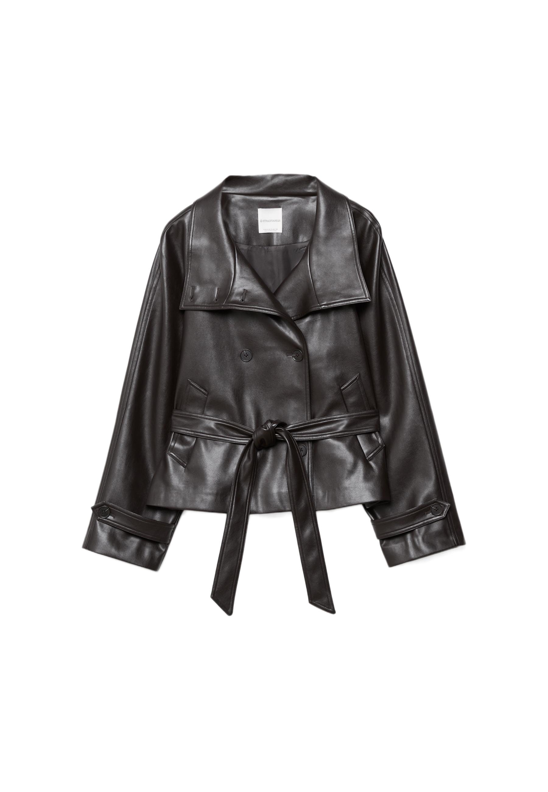 High neck leather effect trench coat — Brown
