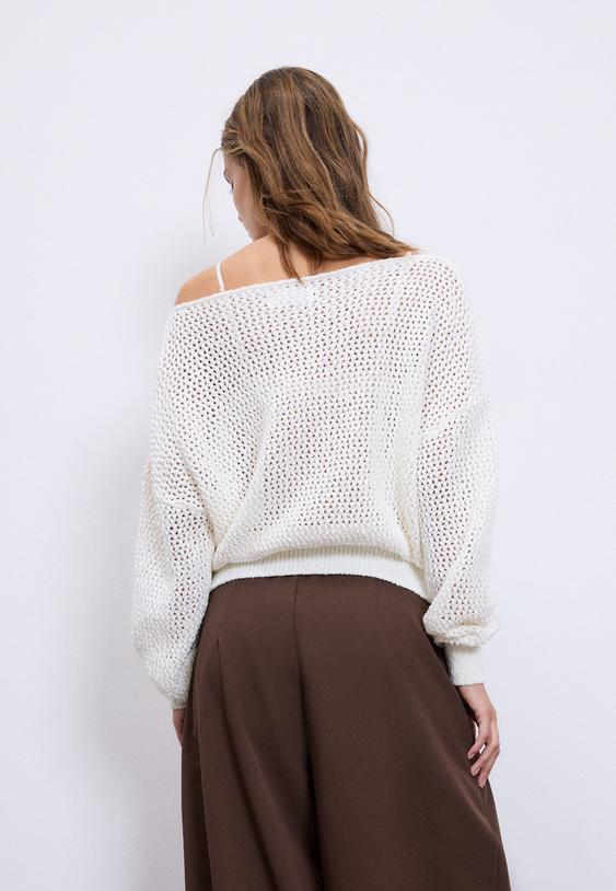 camisola de malha mesh com decote barco