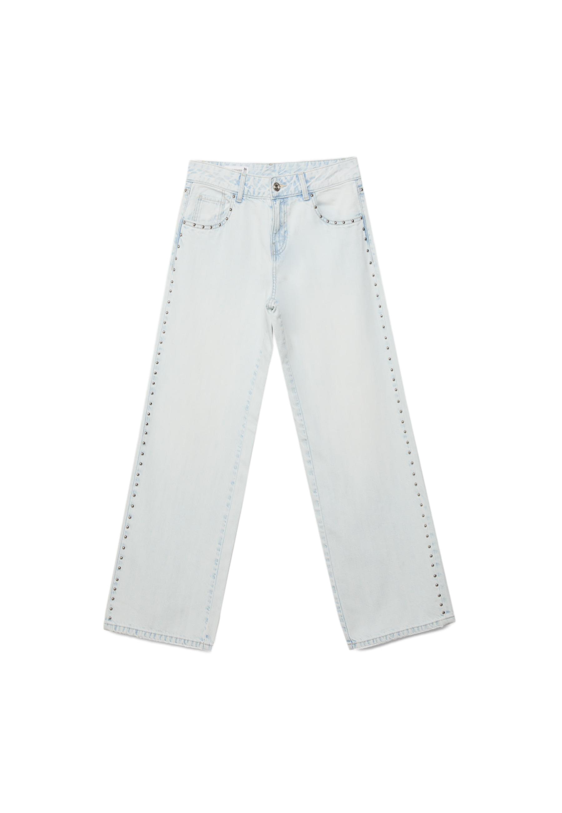 Wide-leg loose studded jeans — MEDIUM LIGHT BLUE DENIM