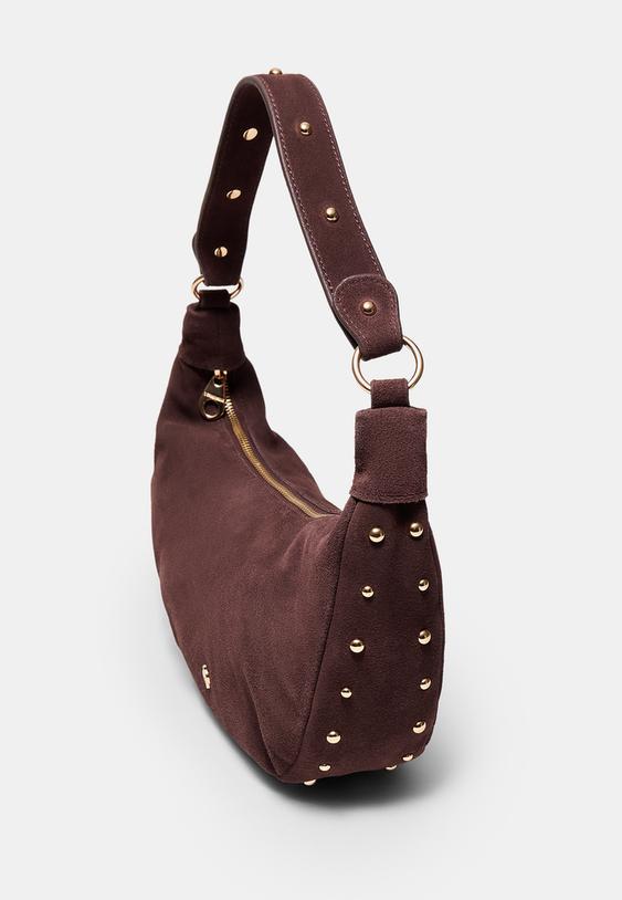 Stradivarius 100% Leather Studded Shoulder Bag Brown Os