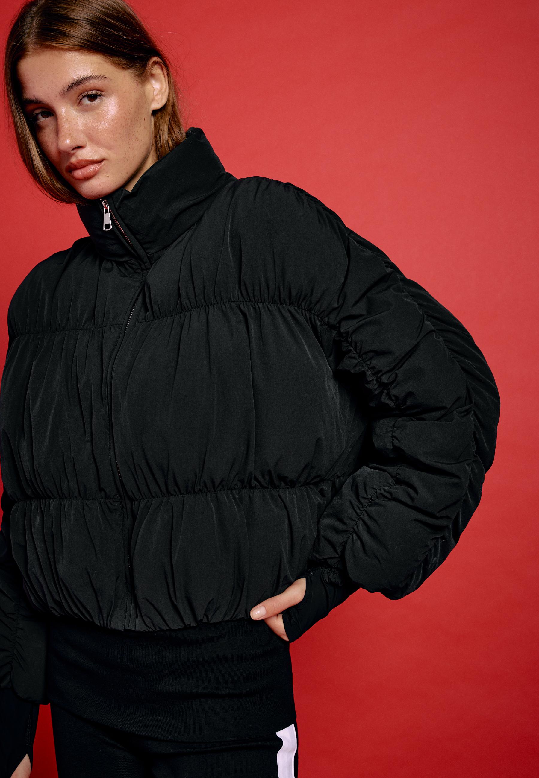 Padded jacket with high neck and gathered detail — Black