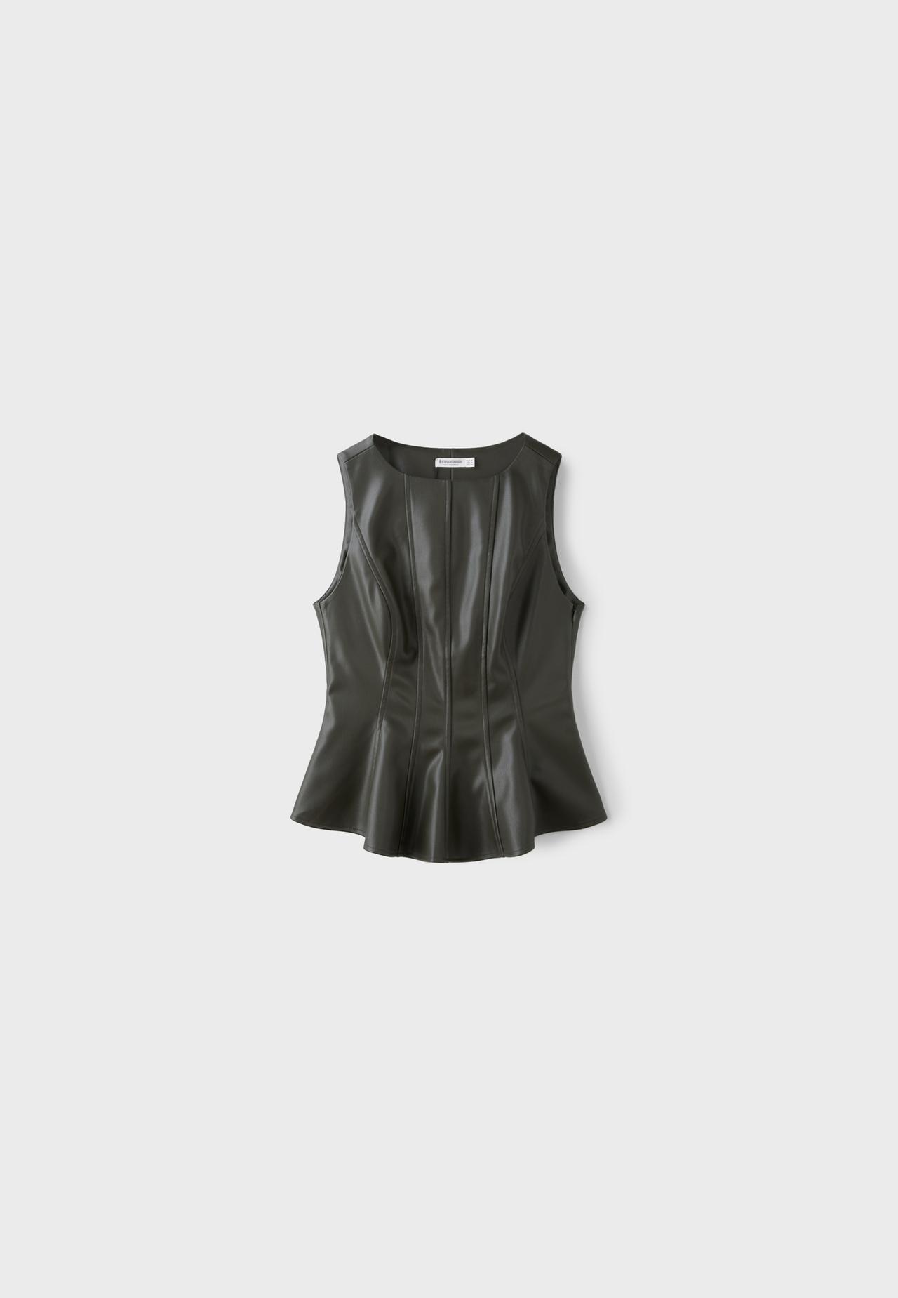 Leather effect peplum sleeveless top — Khaki
