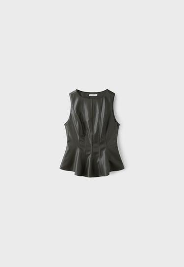 Leather effect peplum sleeveless top — Khaki 7