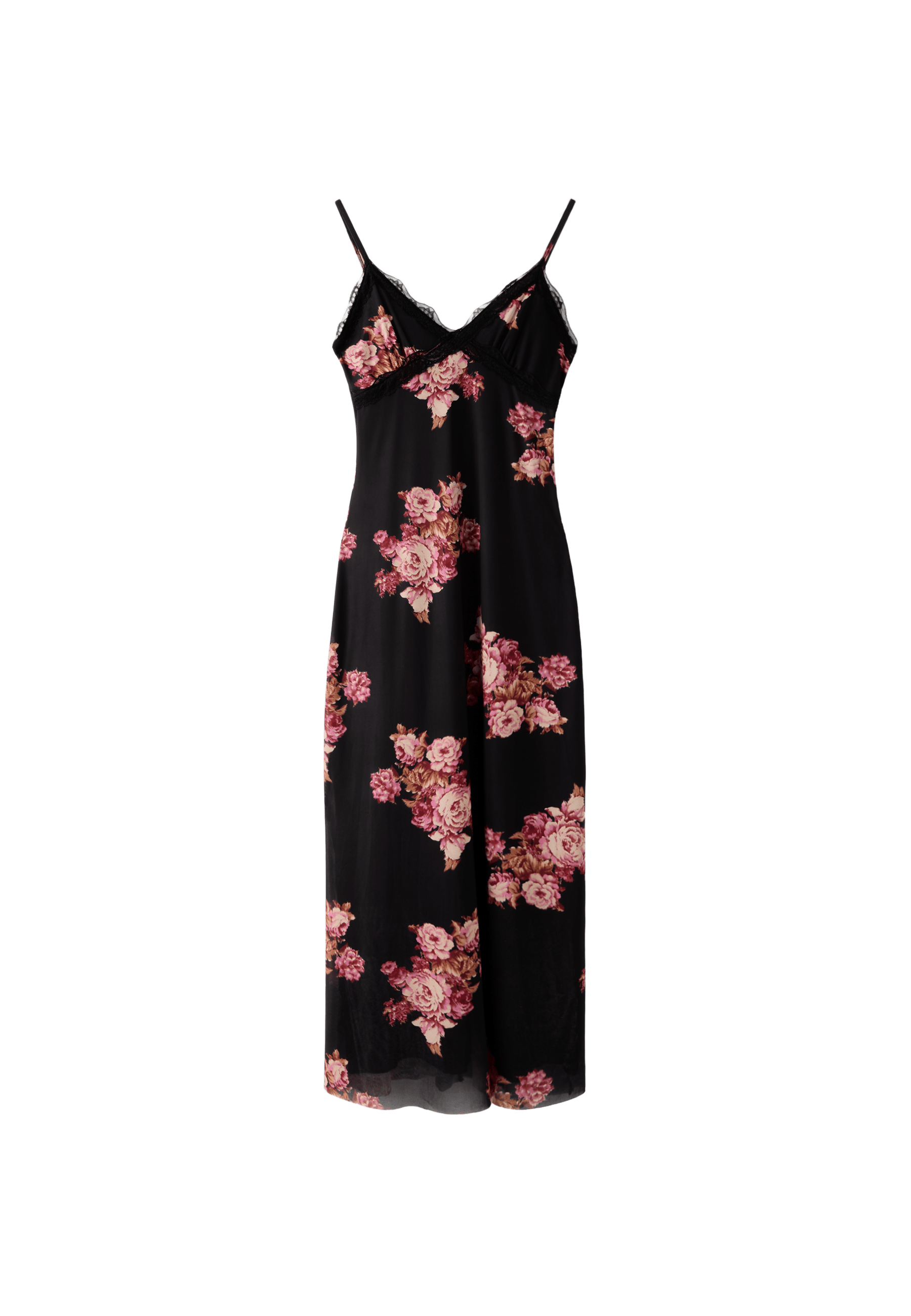 Printed tulle midi dress with lace trim — Black