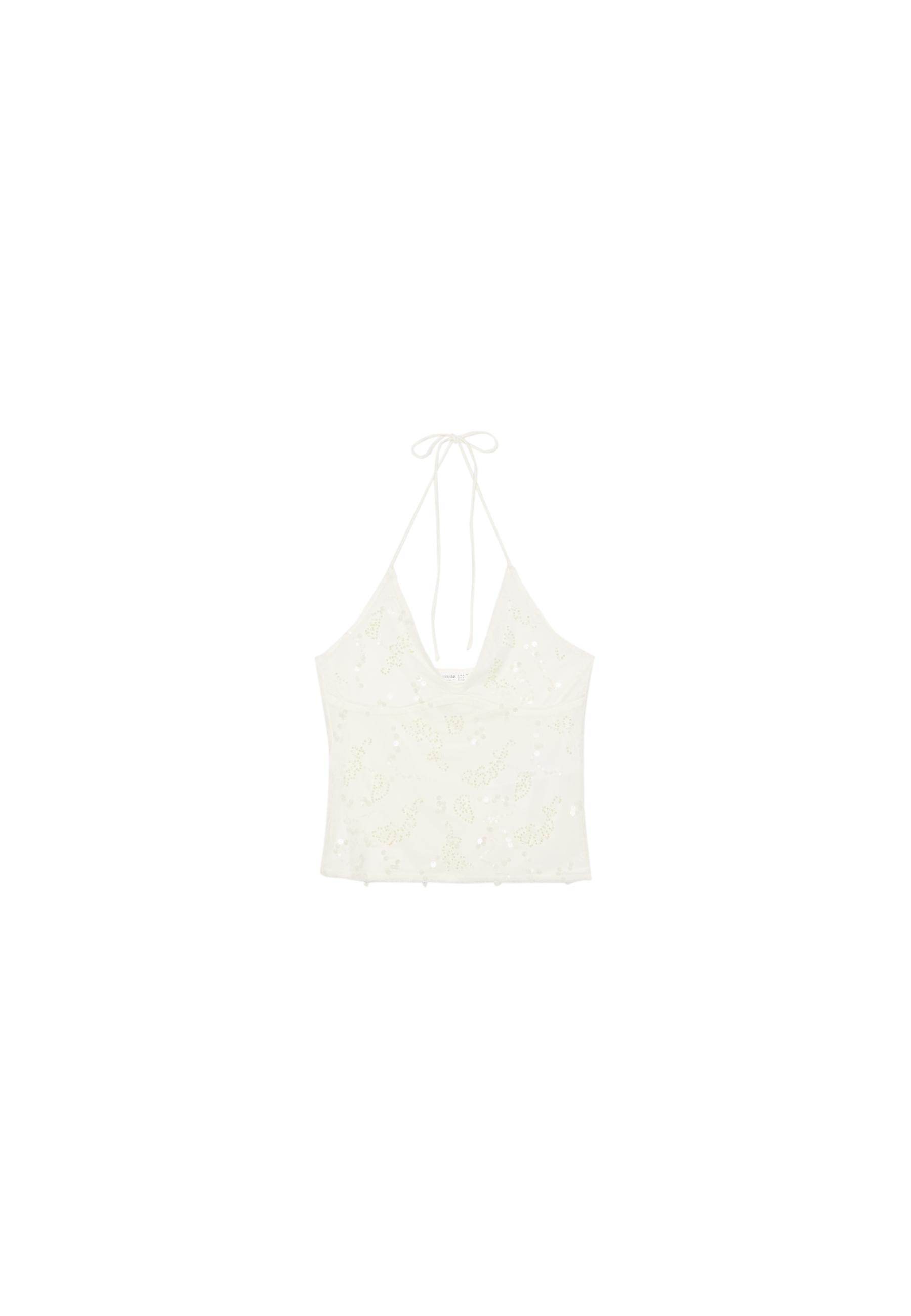 Embroidered sequin halter top — Vanilla