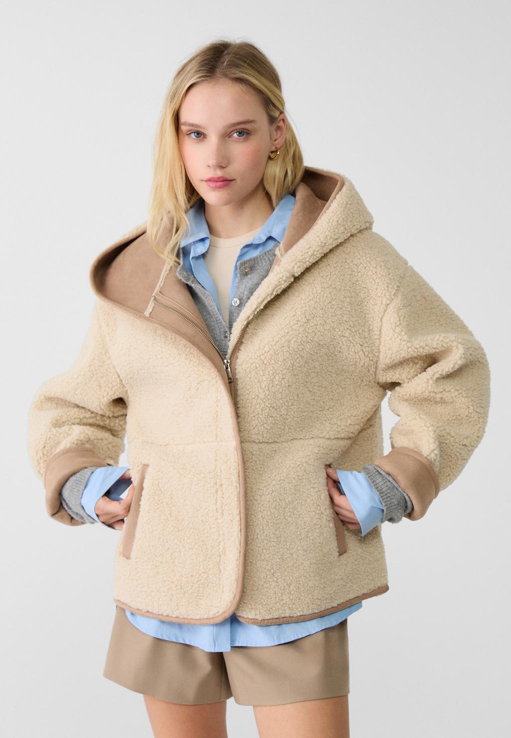 Hooded faux shearling lined jacket