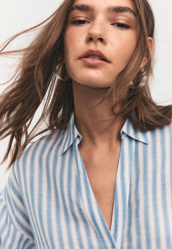 Stradivarius Chemise Manches Kimono Effet Lin Marine S