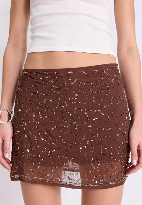 Stradivarius Mini Skort With Embroidery Brown M