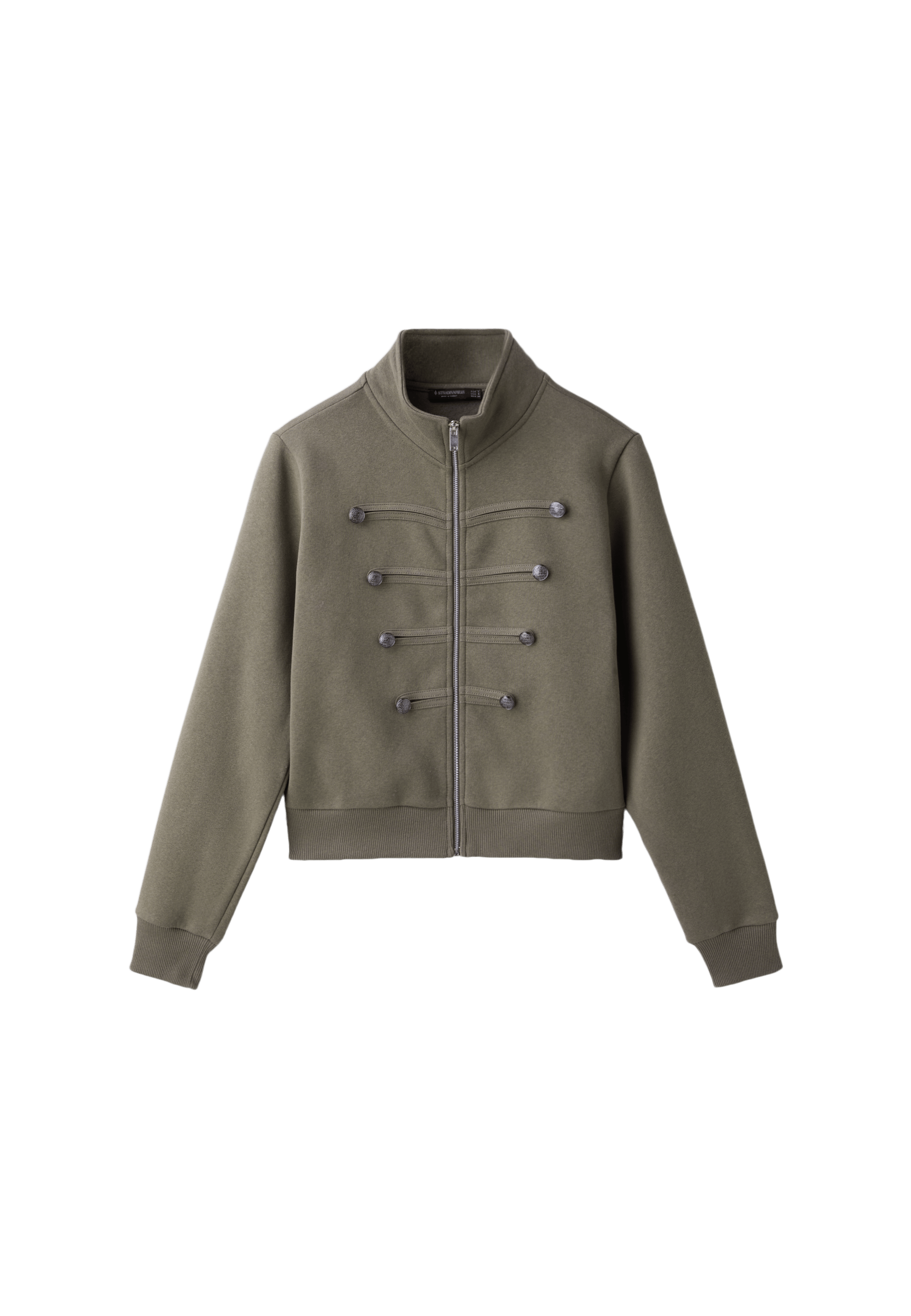 Metal Button Zip-Up Sweatshirt — Khaki