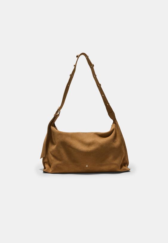 Stradivarius Studded Flat Shoulder Bag, 100% Leather Beige Os