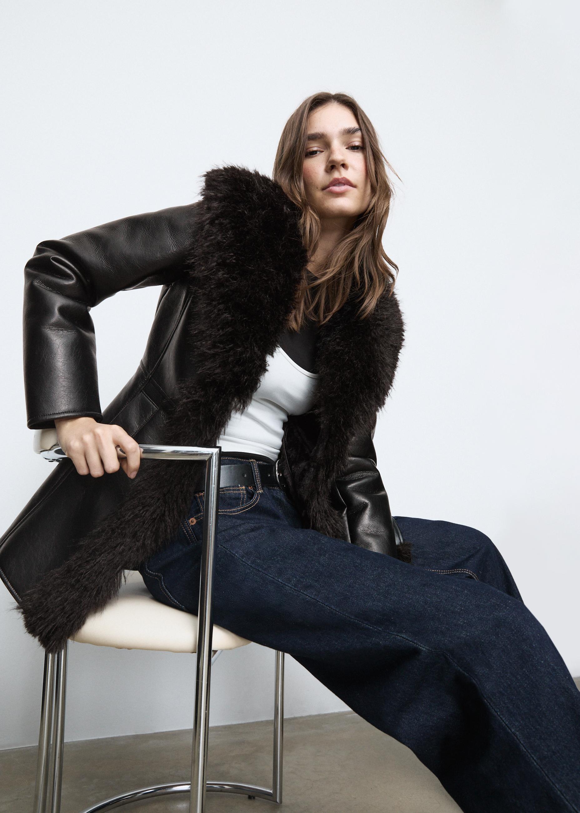 Mid-length leather effect coat with long faux fur - Women's
