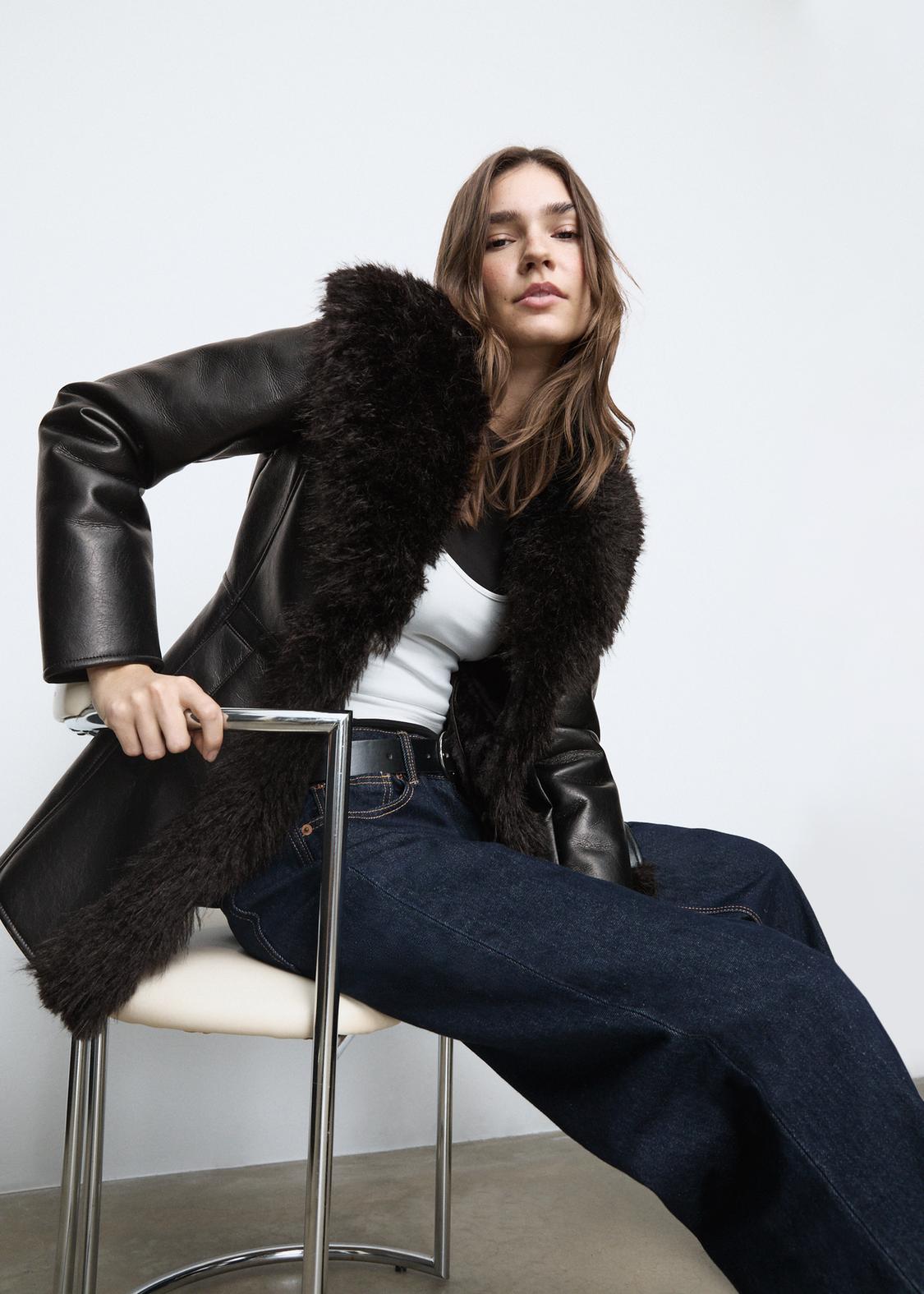Mid-length leather effect coat with long faux fur Women's