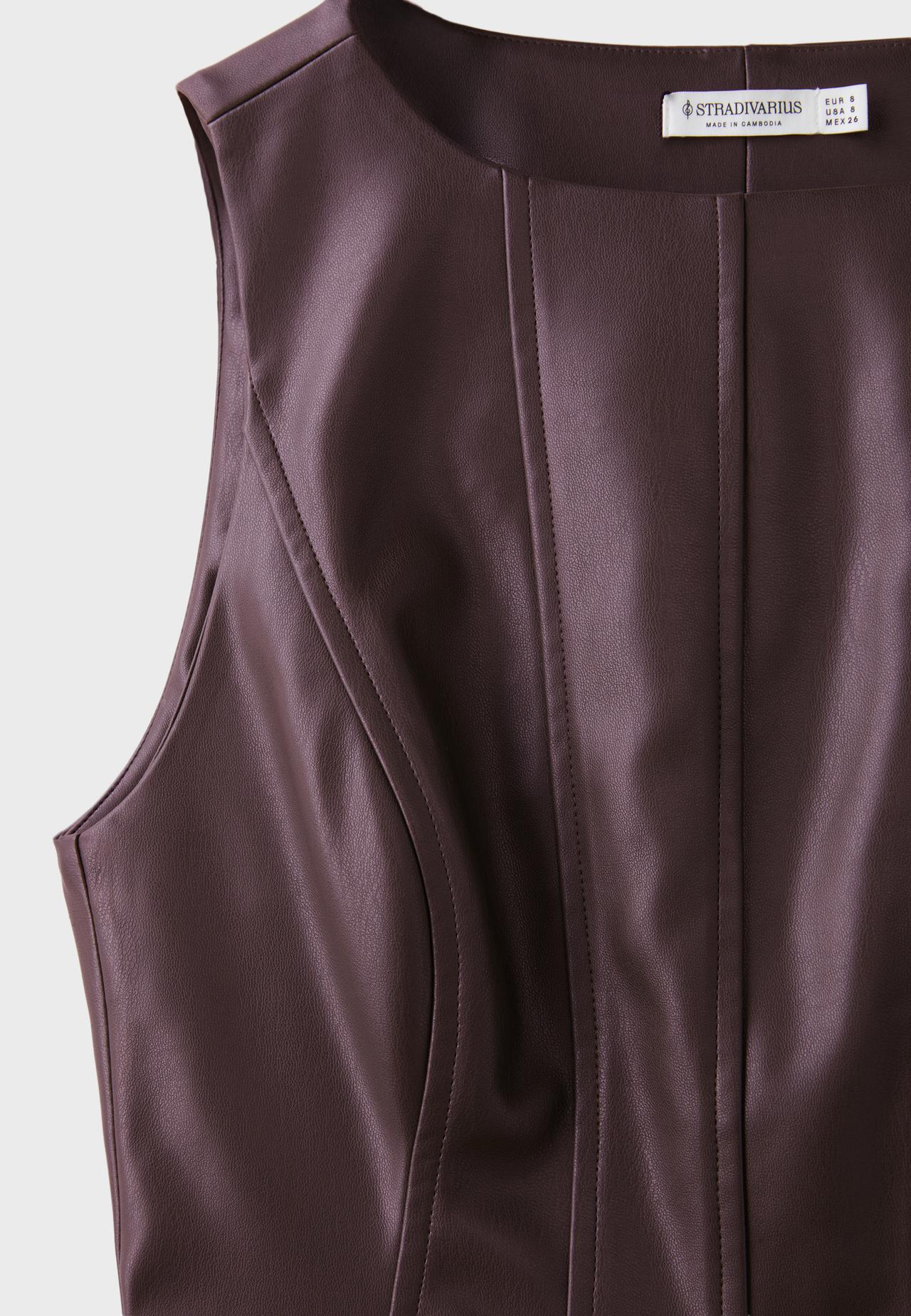 Leather effect peplum sleeveless top — Brown