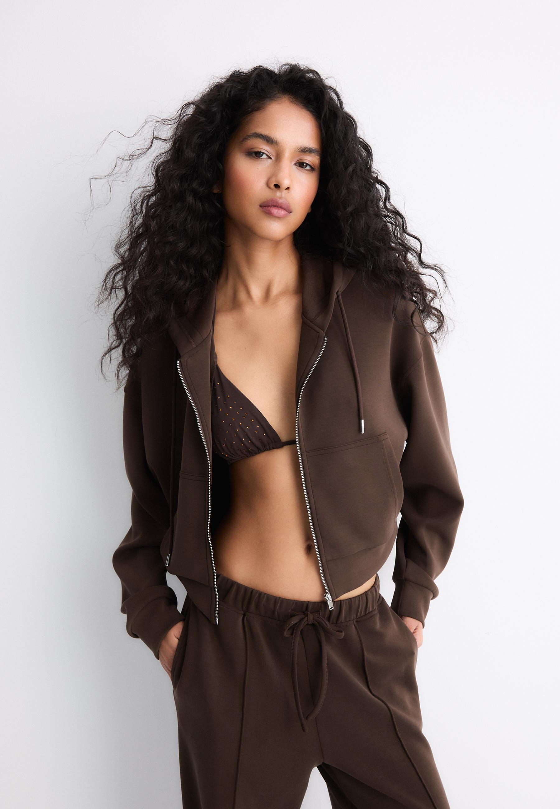 Soft-feel zip-up sweatshirt — Brown