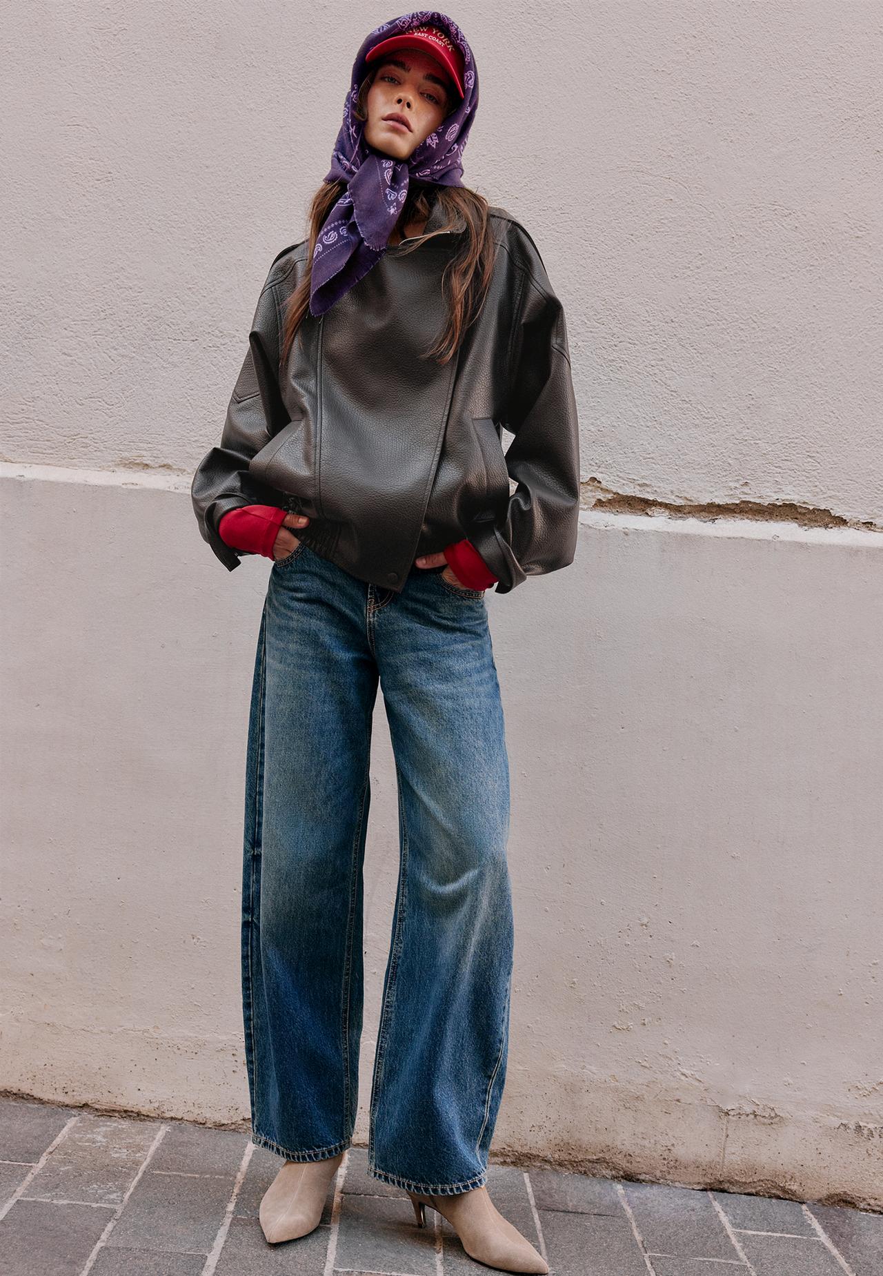Oversize leather effect biker jacket — Brown
