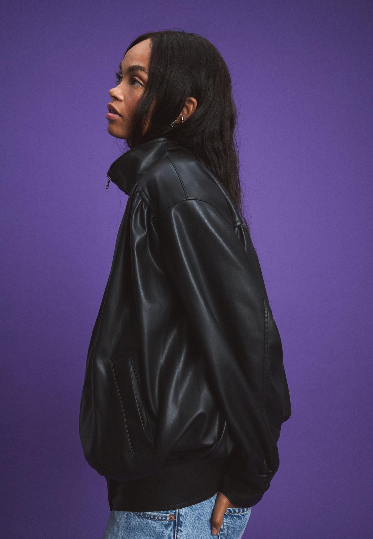 Gathered leather effect jacket — Black