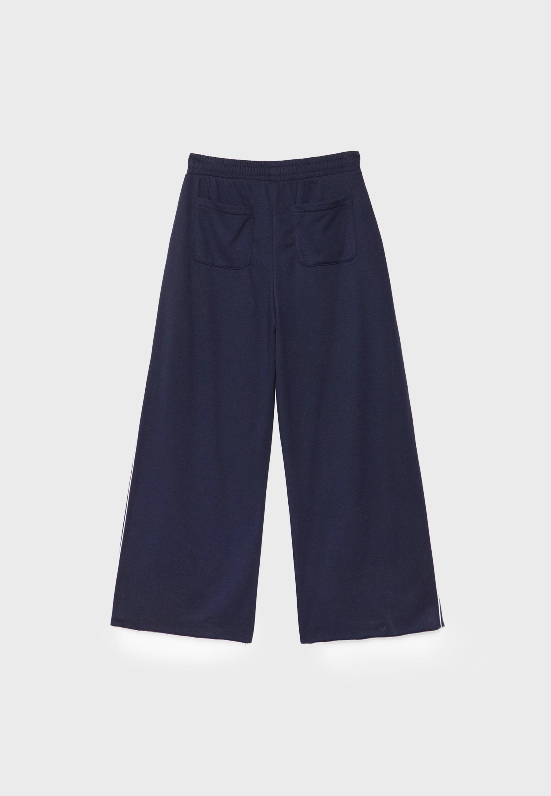 Wide-leg plush trousers with trim detail — Navy blue