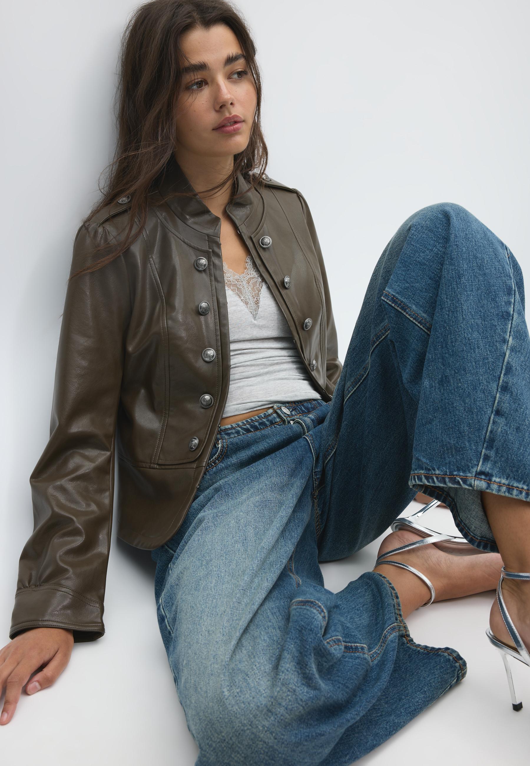 Leather effect blazer with engraved buttons — Khaki