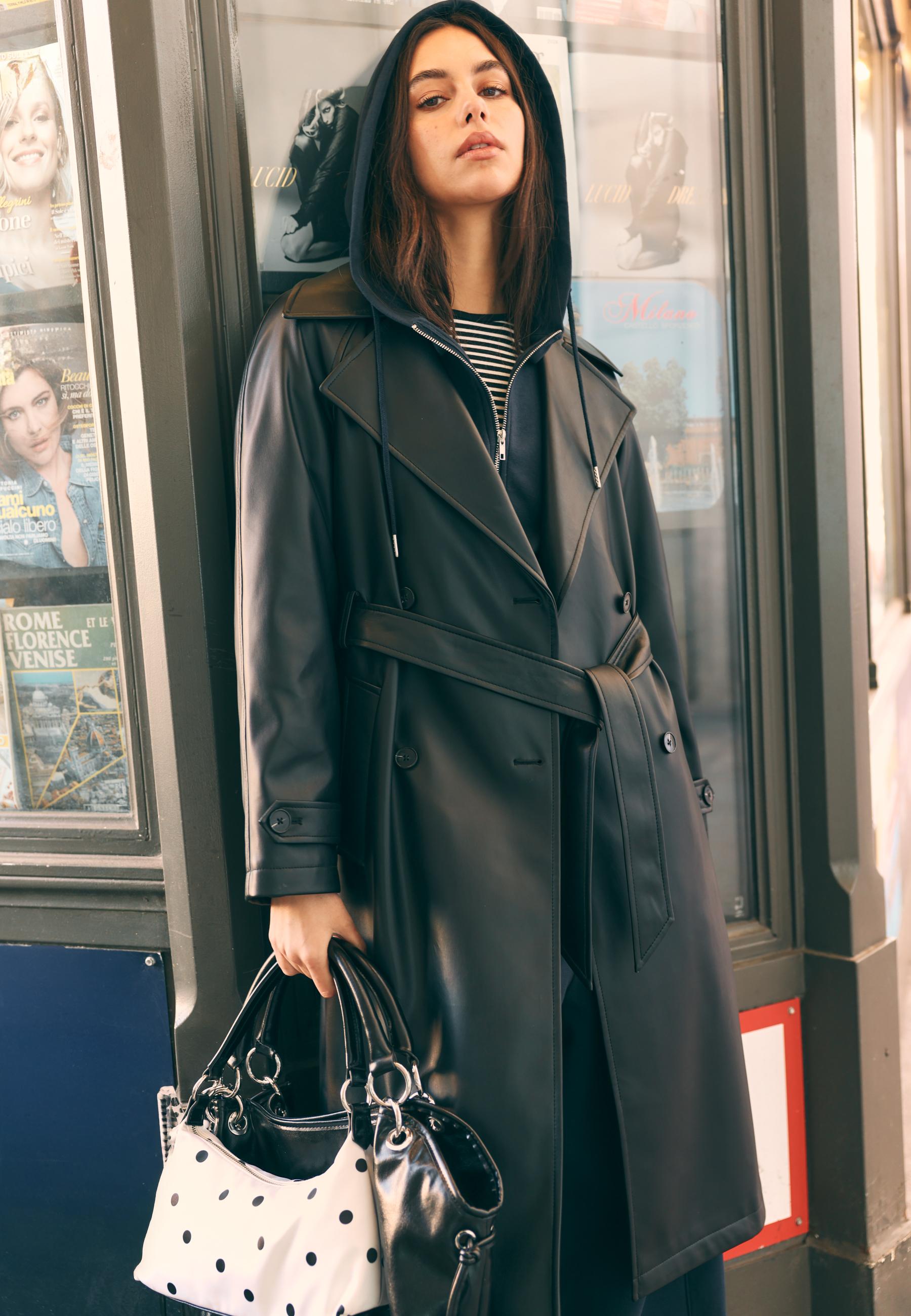 Long faux leather trench coat — Black