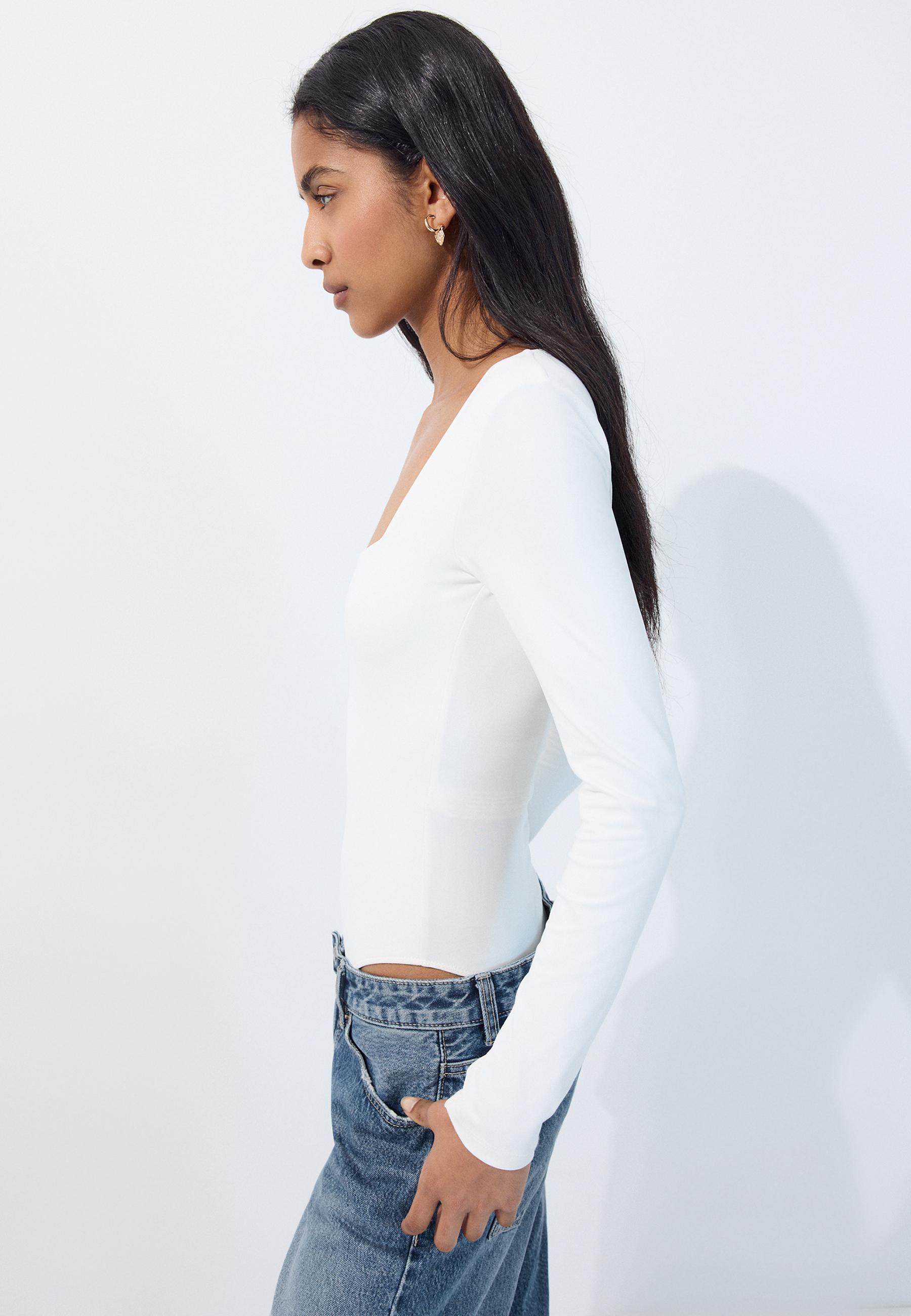 Long sleeve square neck bodysuit — Ecru