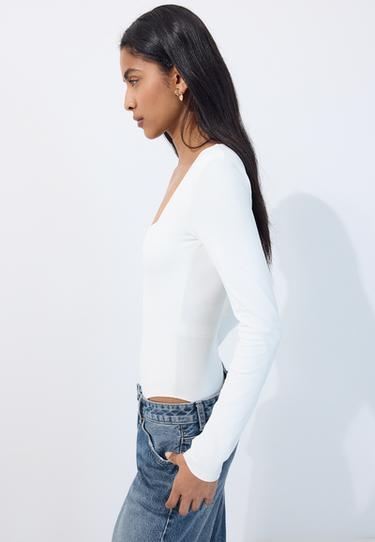Long sleeve square neckline bodysuit — Ecru 3