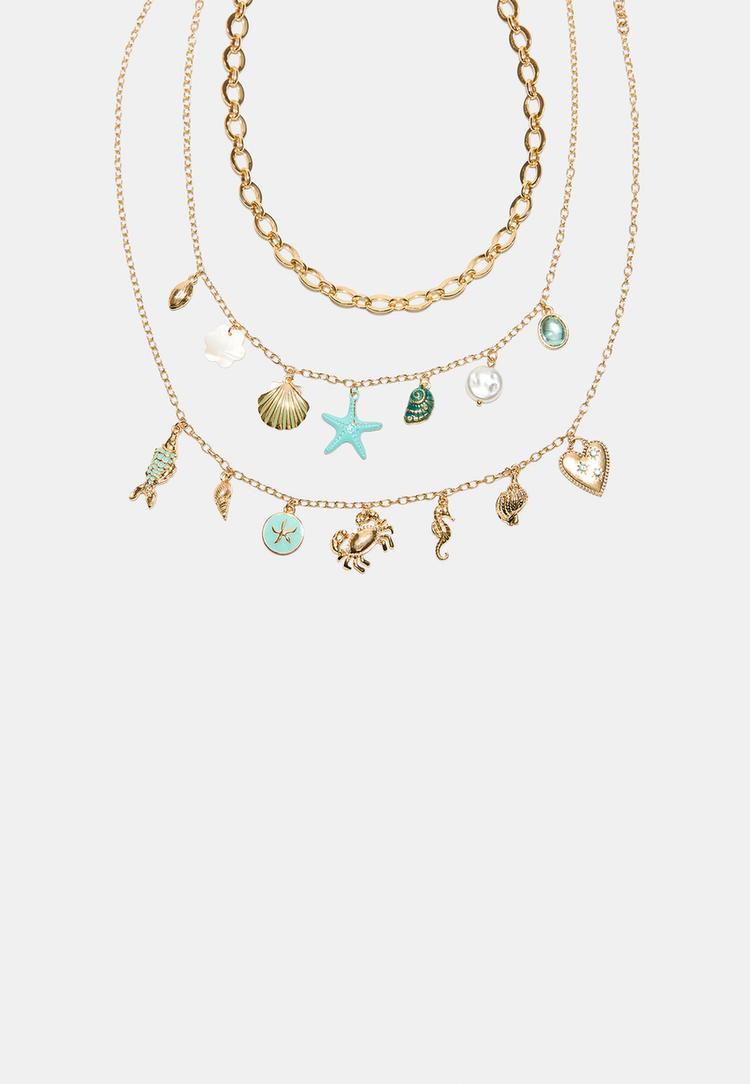 Stradivarius Σετ 3 Κολιέ Με Πολλαπλά Θαλασσινά Charms Χρυσαφί Os