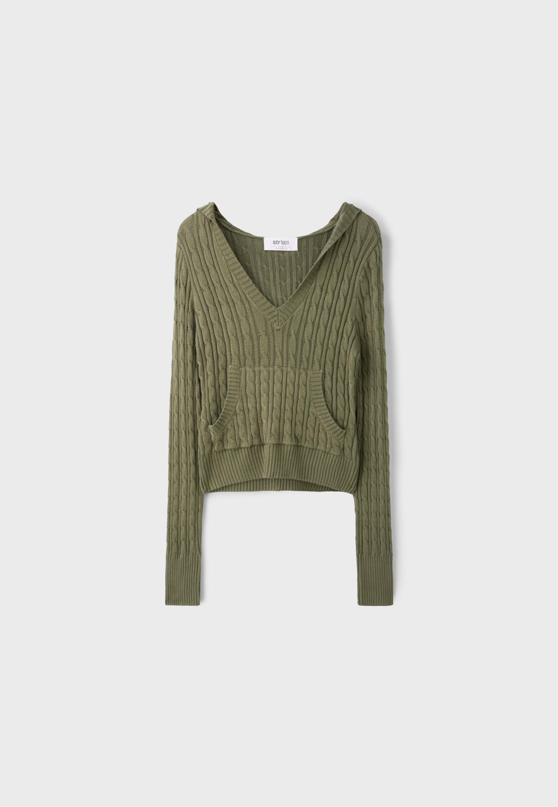 Hooded cable-knit jumper — Khaki
