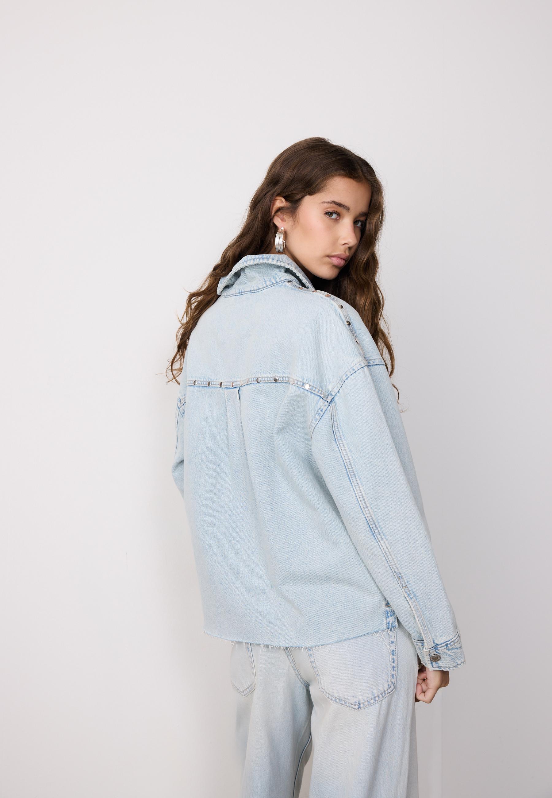 Cropped denim overshirt with studs — MEDIUM BLUE DENIM