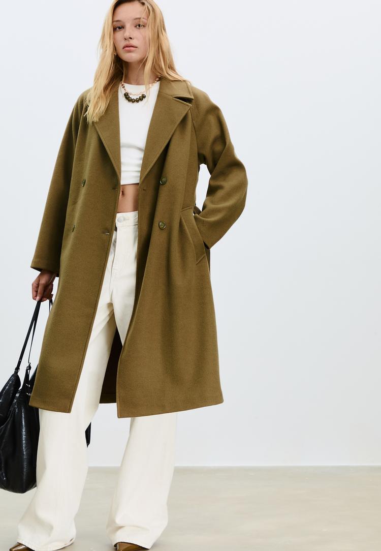 Stradivarius Παλτό Trench Με Απαλή Υφή Πράσινο Xs