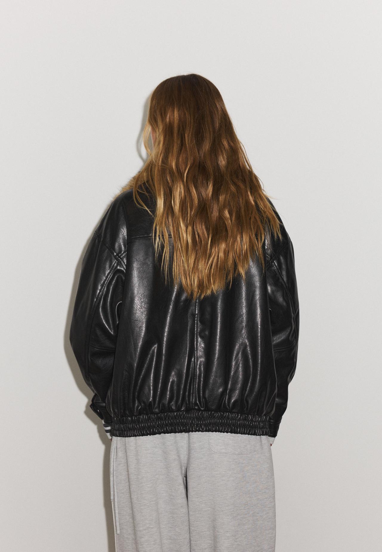 Leather effect jacket with fur collar — Black