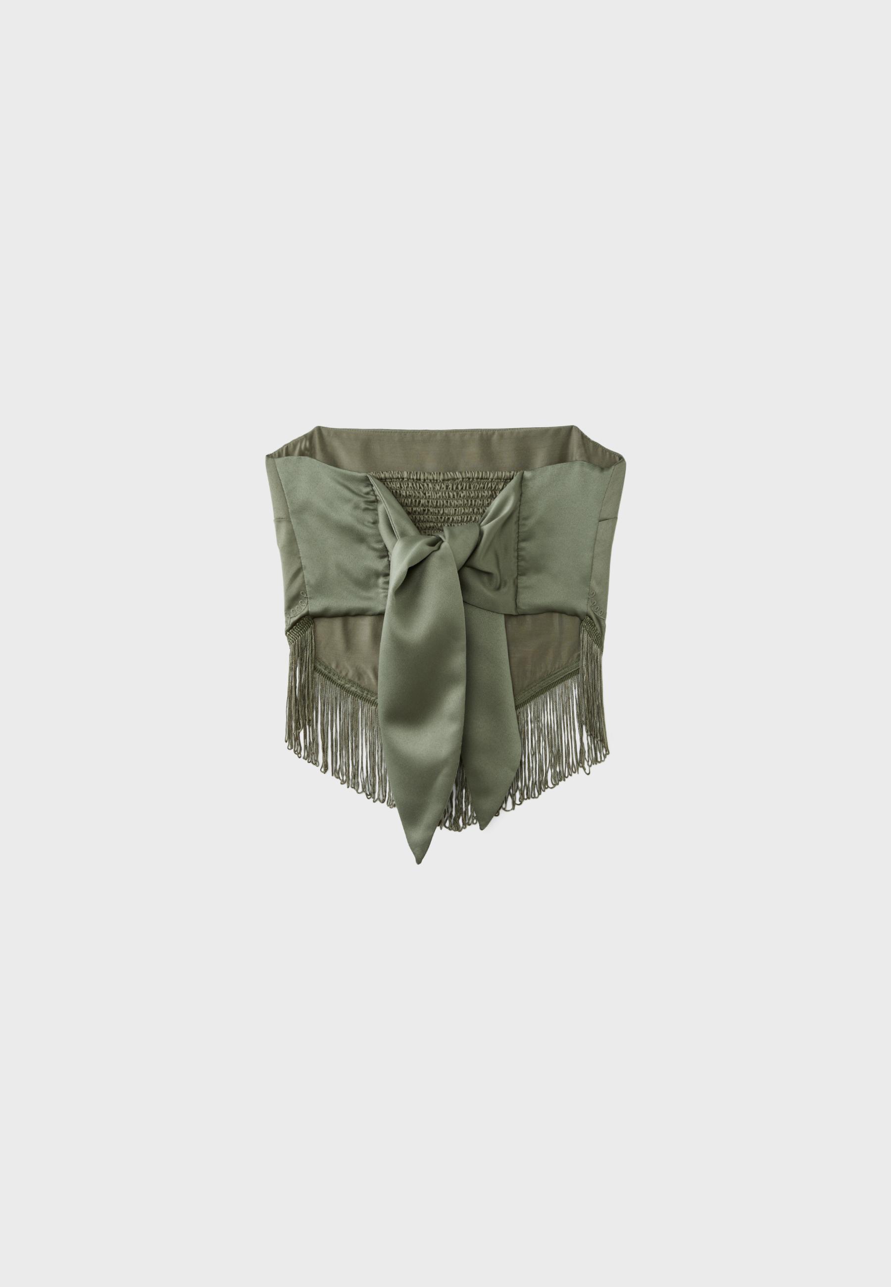 Embroidered fringe bustier top — Khaki