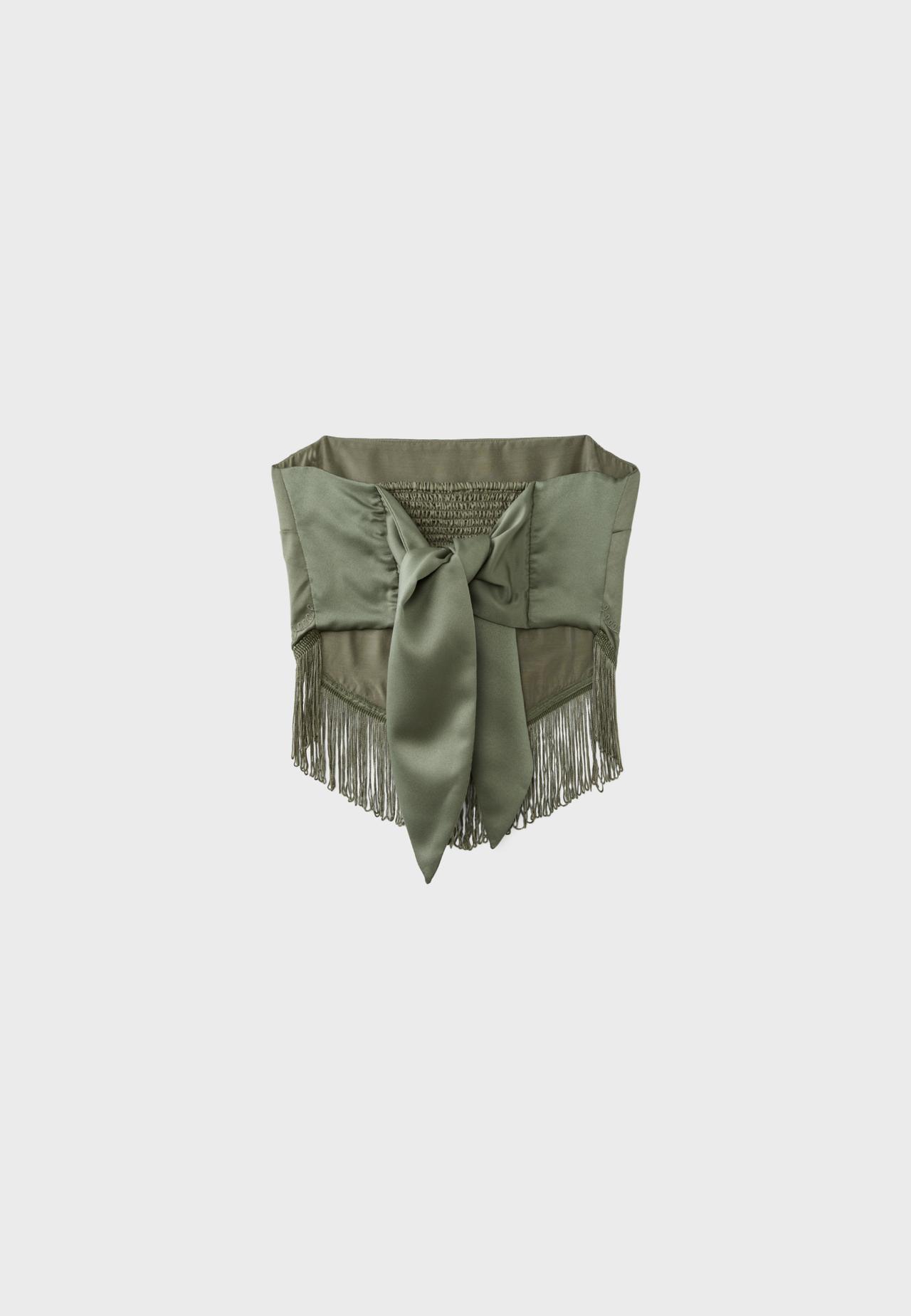 Embroidered fringe bustier top — Khaki