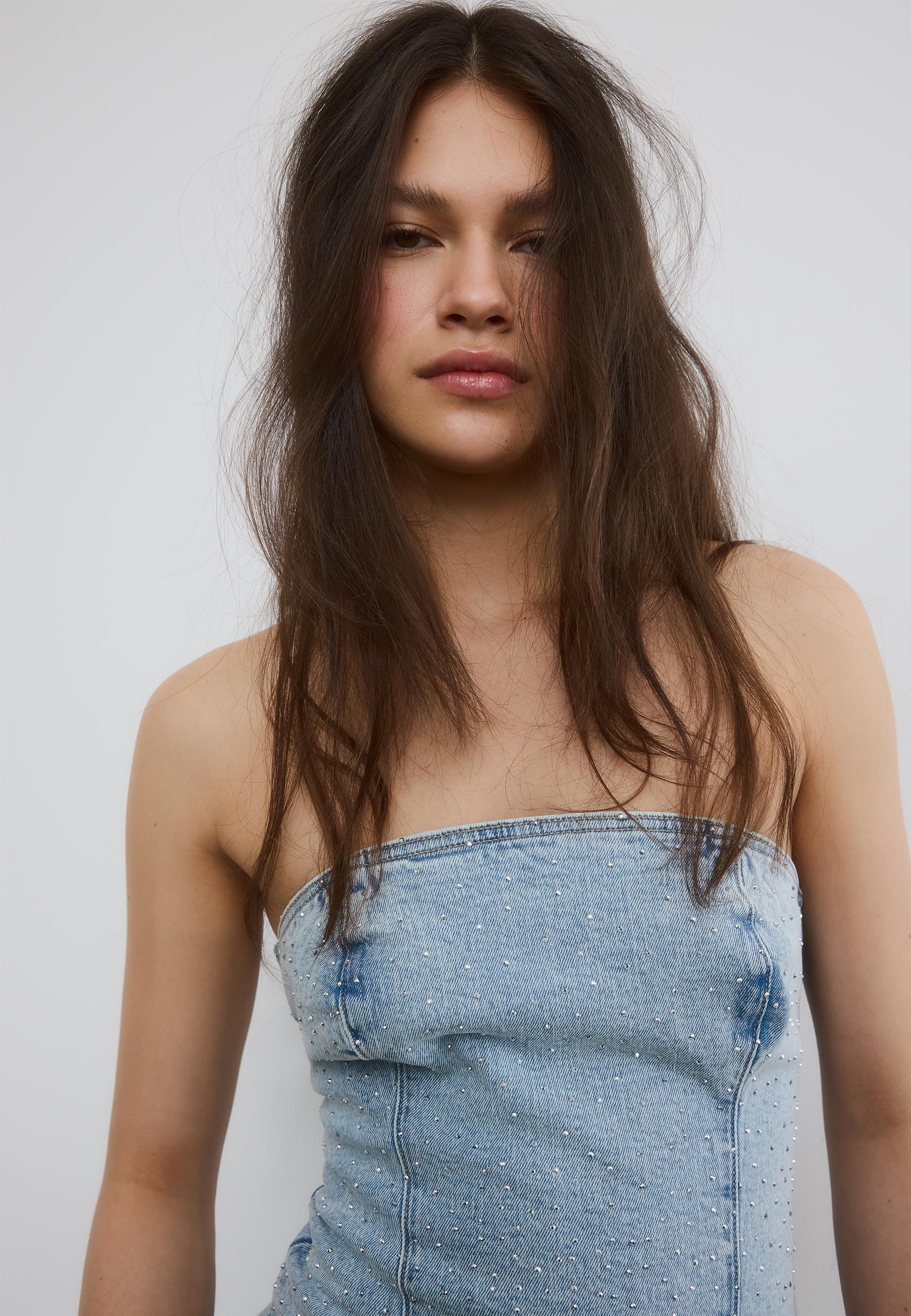 Shimmery denim bustier top — MEDIUM LIGHT BLUE DENIM