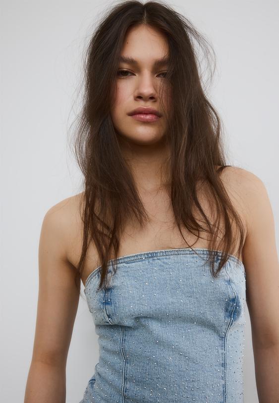 Stradivarius Sparkly Denim Bustier Top Medium Light Blue Denim Xl