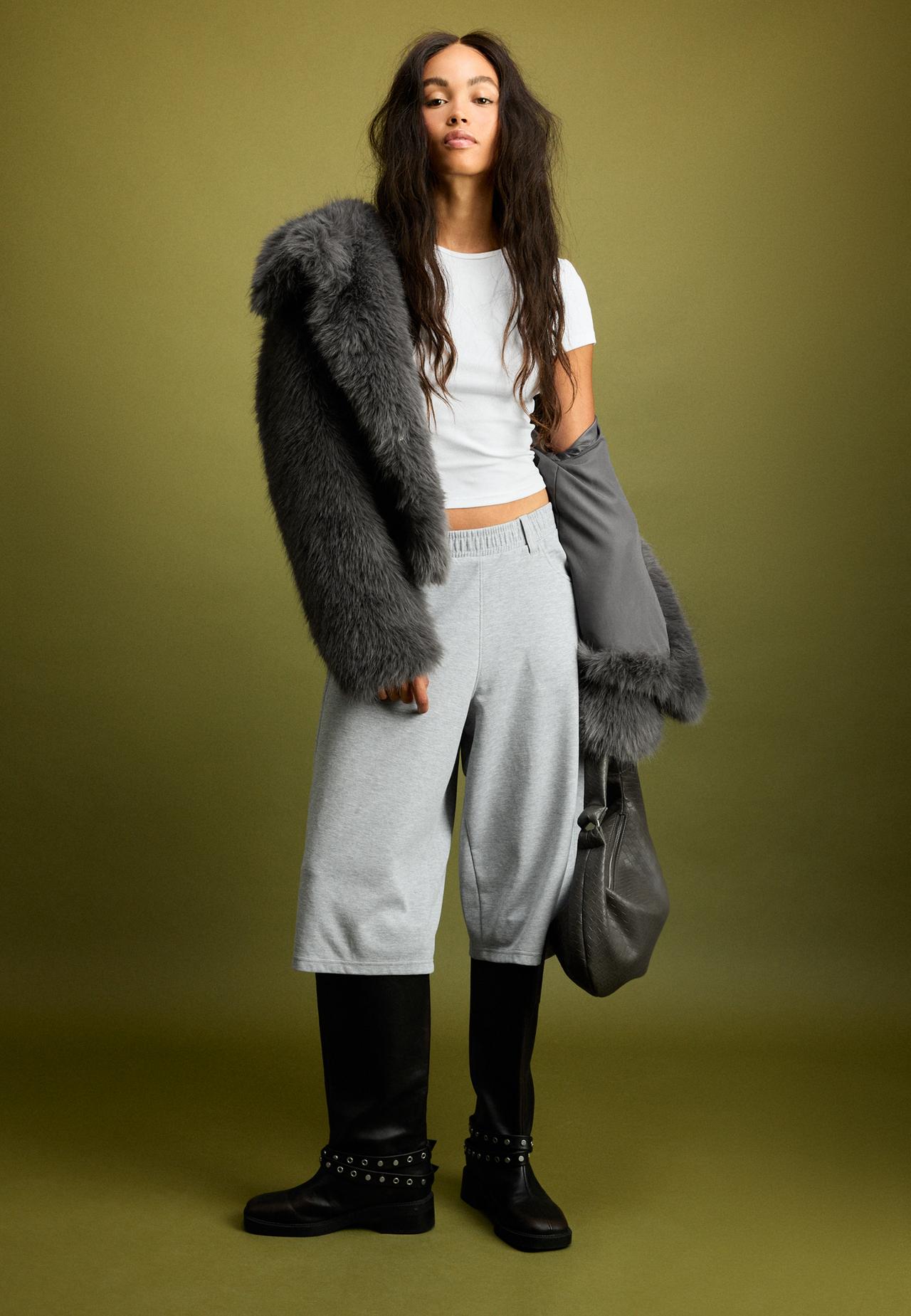 Basic high neck faux fur jacket — Dark grey