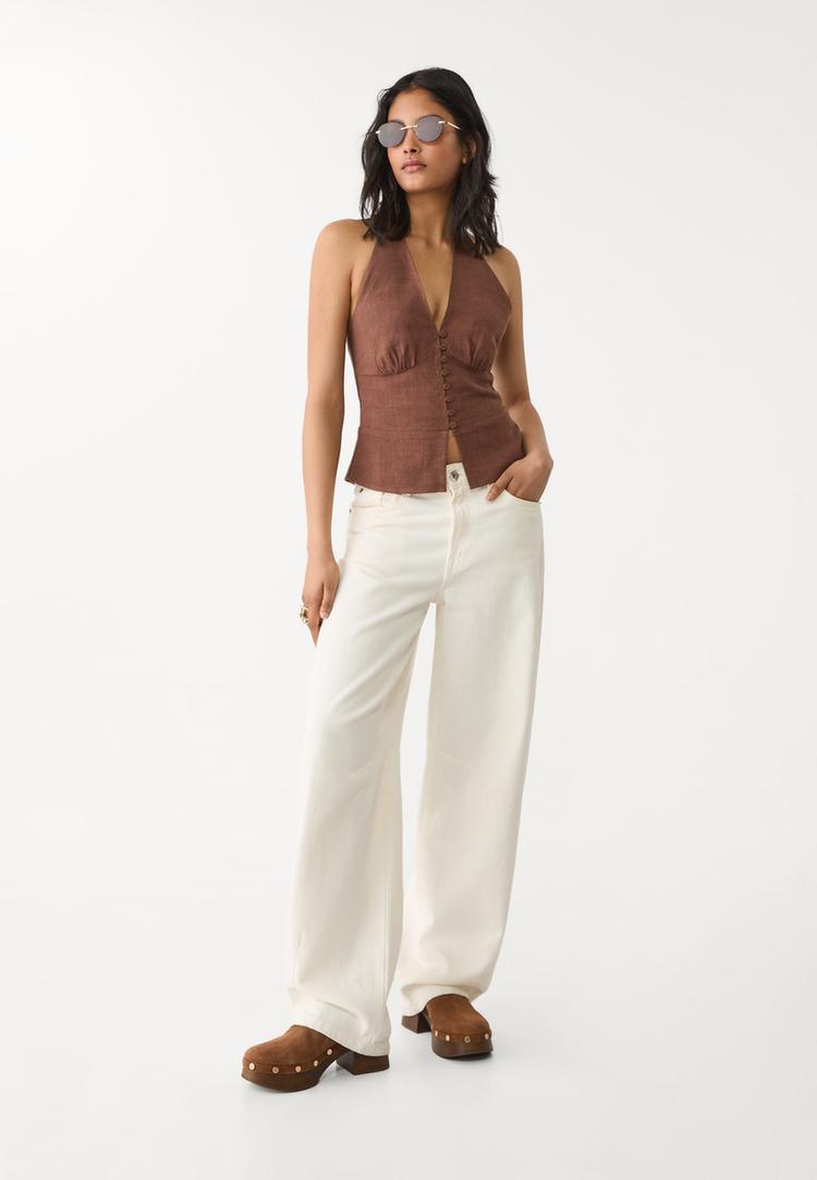 top halter botones con lino