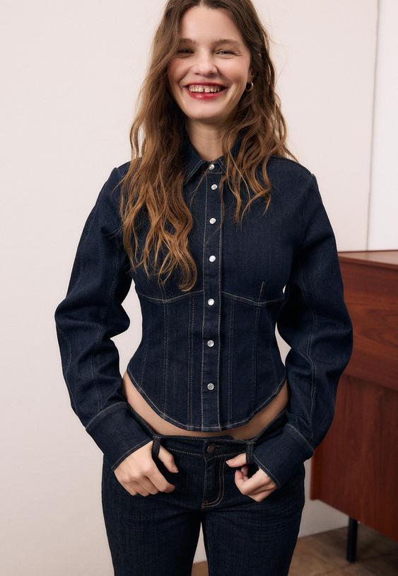 Stradivarius Denim Corset Shirt Overdyed Blue Denim M