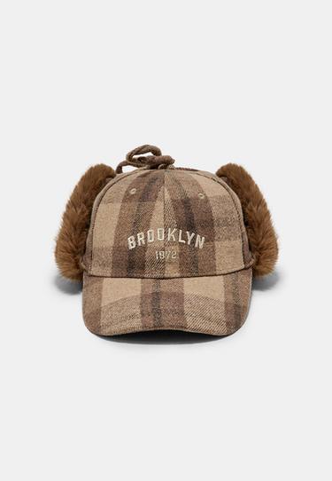 Faux fur check cap — Brown 1