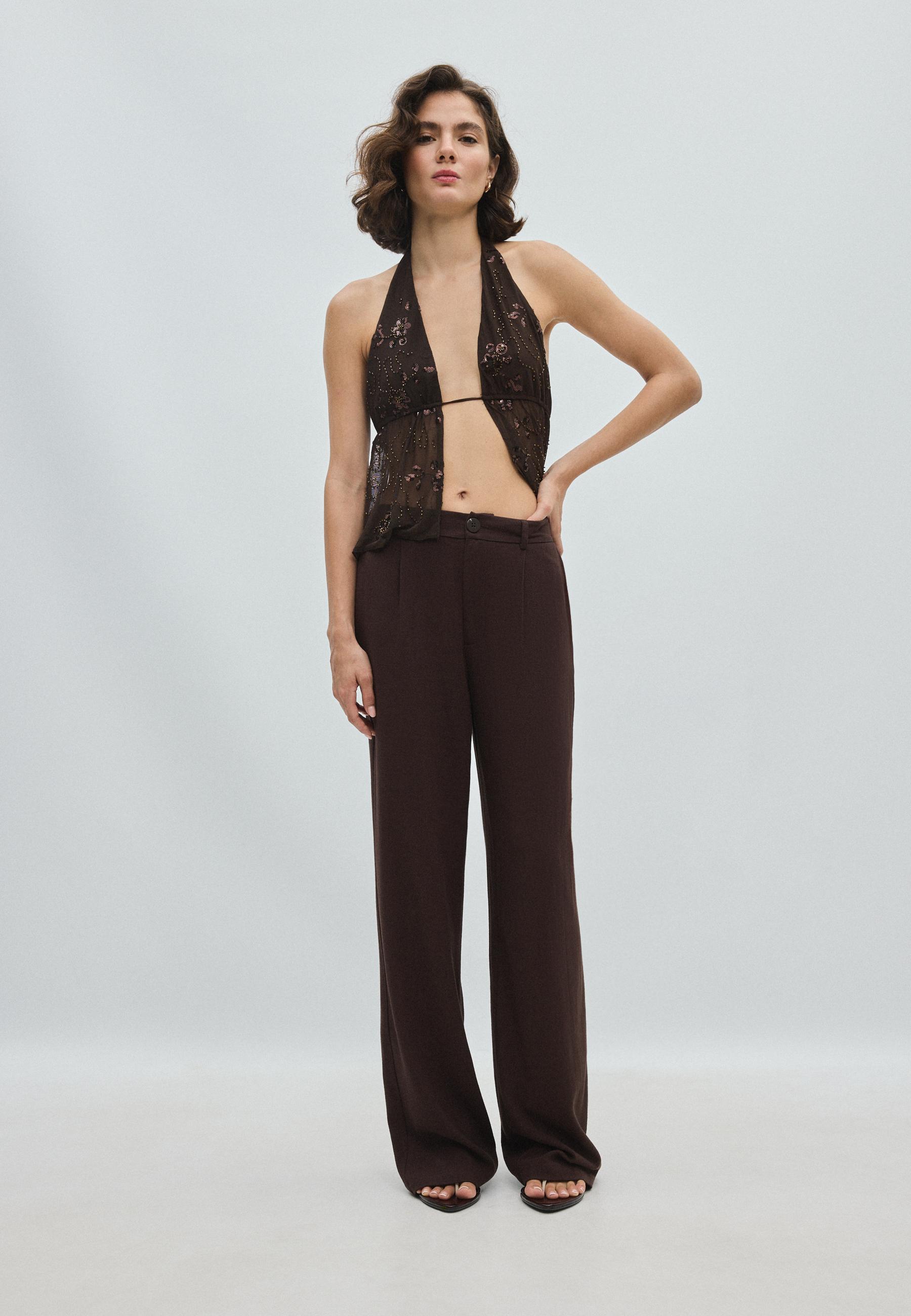 Straight-leg linen-effect trousers — Brown